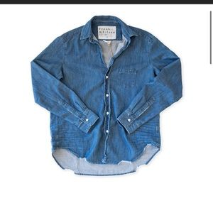 FRANK & EILEEN BLUE "BARRY" WOVEN DENIM TATTERED DISTRESSED BUTTON UP SHIRT XL
